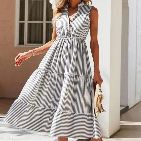 Boho striped notched neck button detail dress - Picture 15 of 16